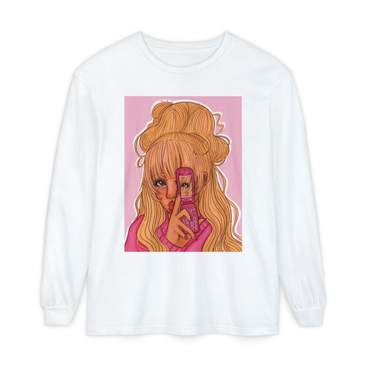 Unisex Garment-dyed Long Sleeve T-Shirt (Pink 90’s Girl)