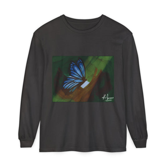 Unisex Garment-dyed Long Sleeve T-Shirt (Blue Butterfly)