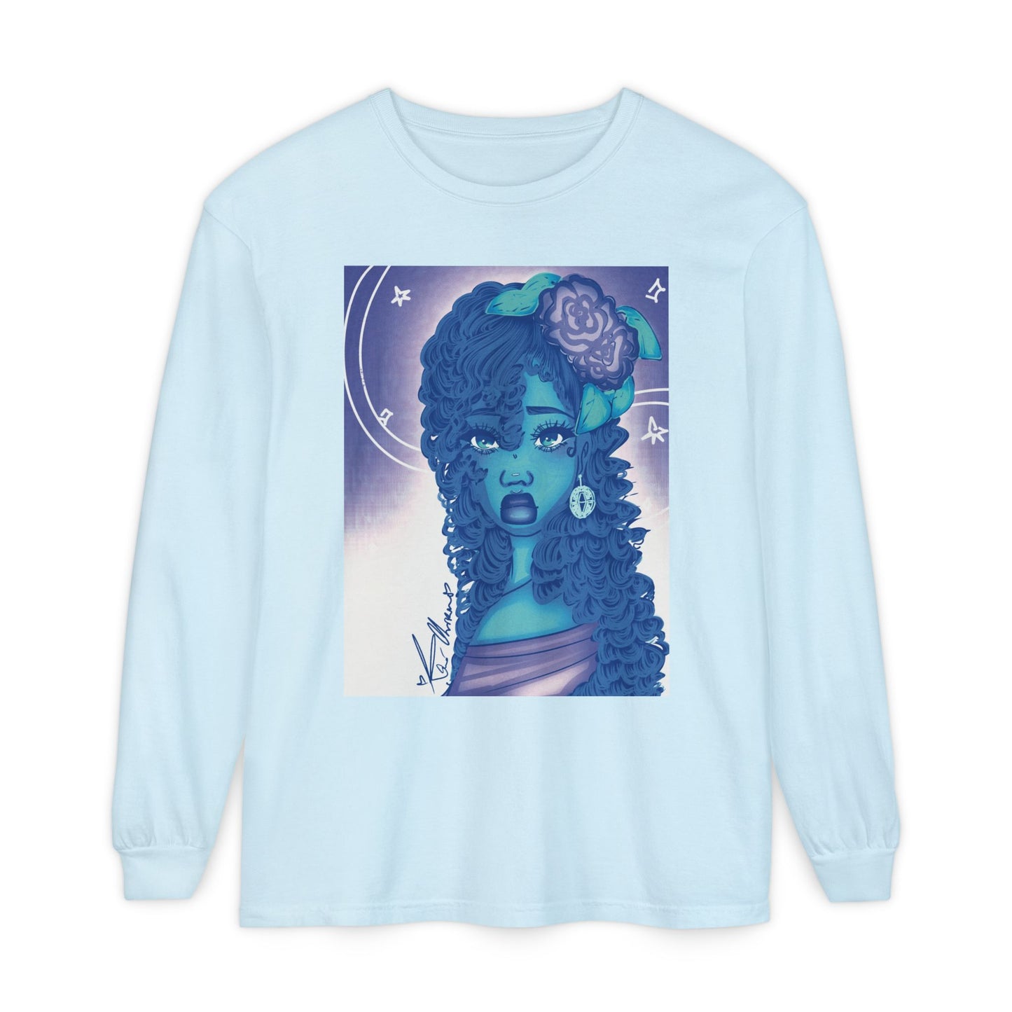 Unisex Garment-dyed Long Sleeve T-Shirt (Blue Rose)