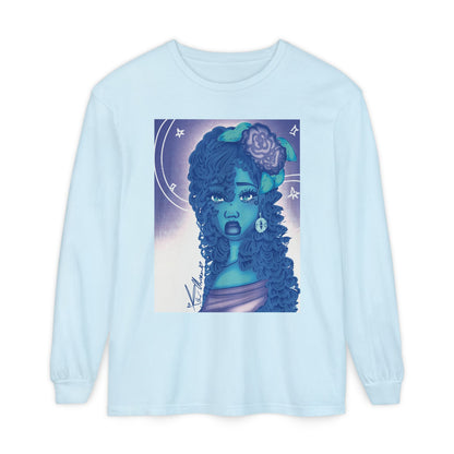Unisex Garment-dyed Long Sleeve T-Shirt (Blue Rose)