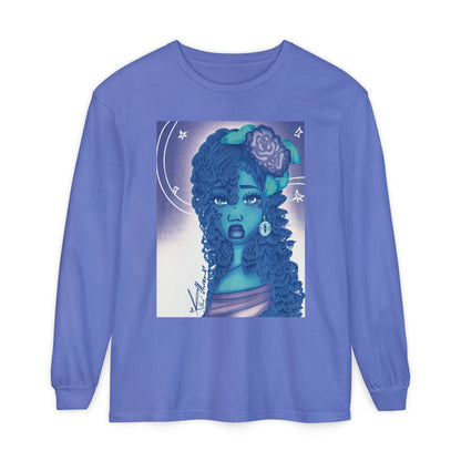 Unisex Garment-dyed Long Sleeve T-Shirt (Blue Rose)