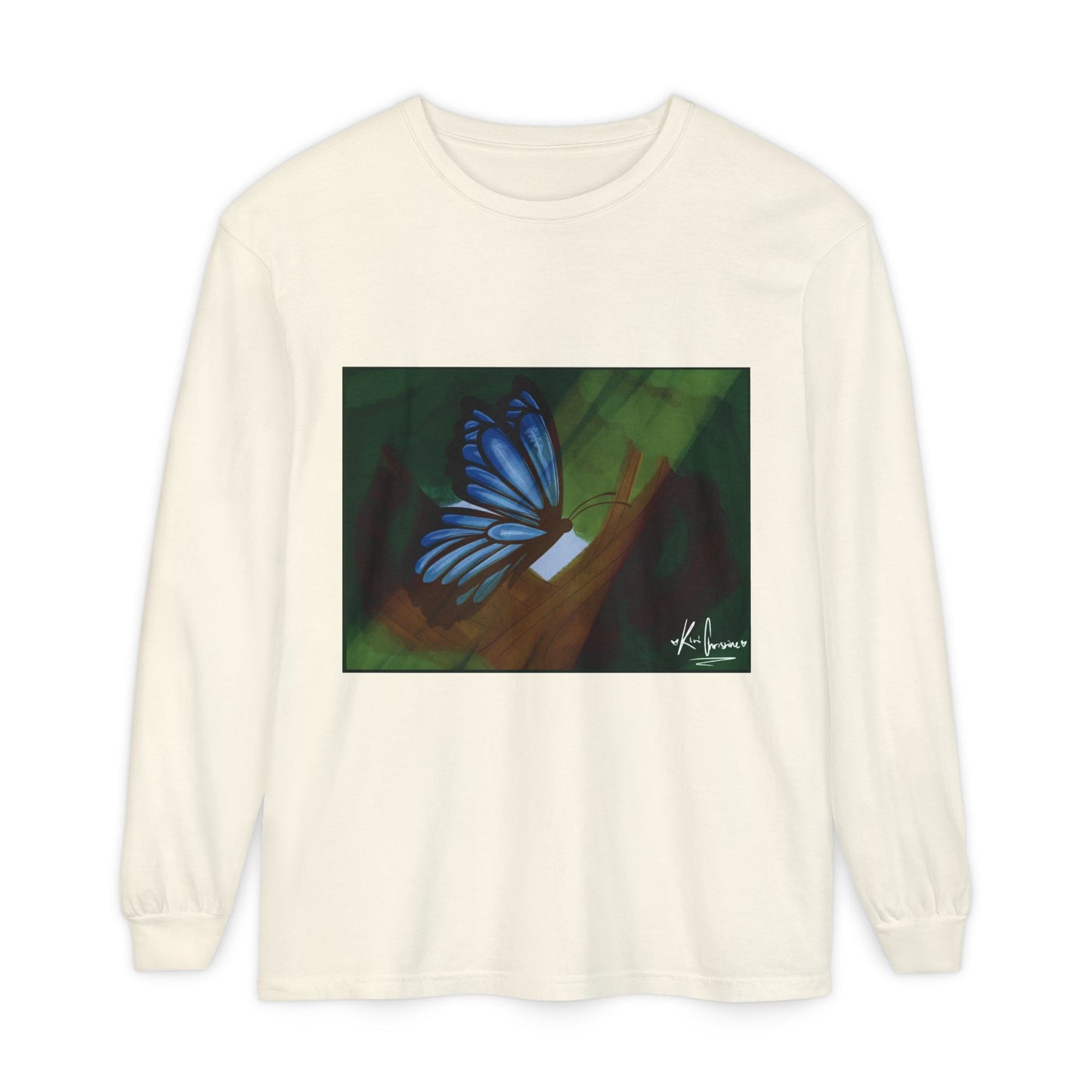Unisex Garment-dyed Long Sleeve T-Shirt (Blue Butterfly)