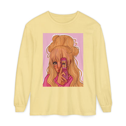 Unisex Garment-dyed Long Sleeve T-Shirt (Pink 90’s Girl)