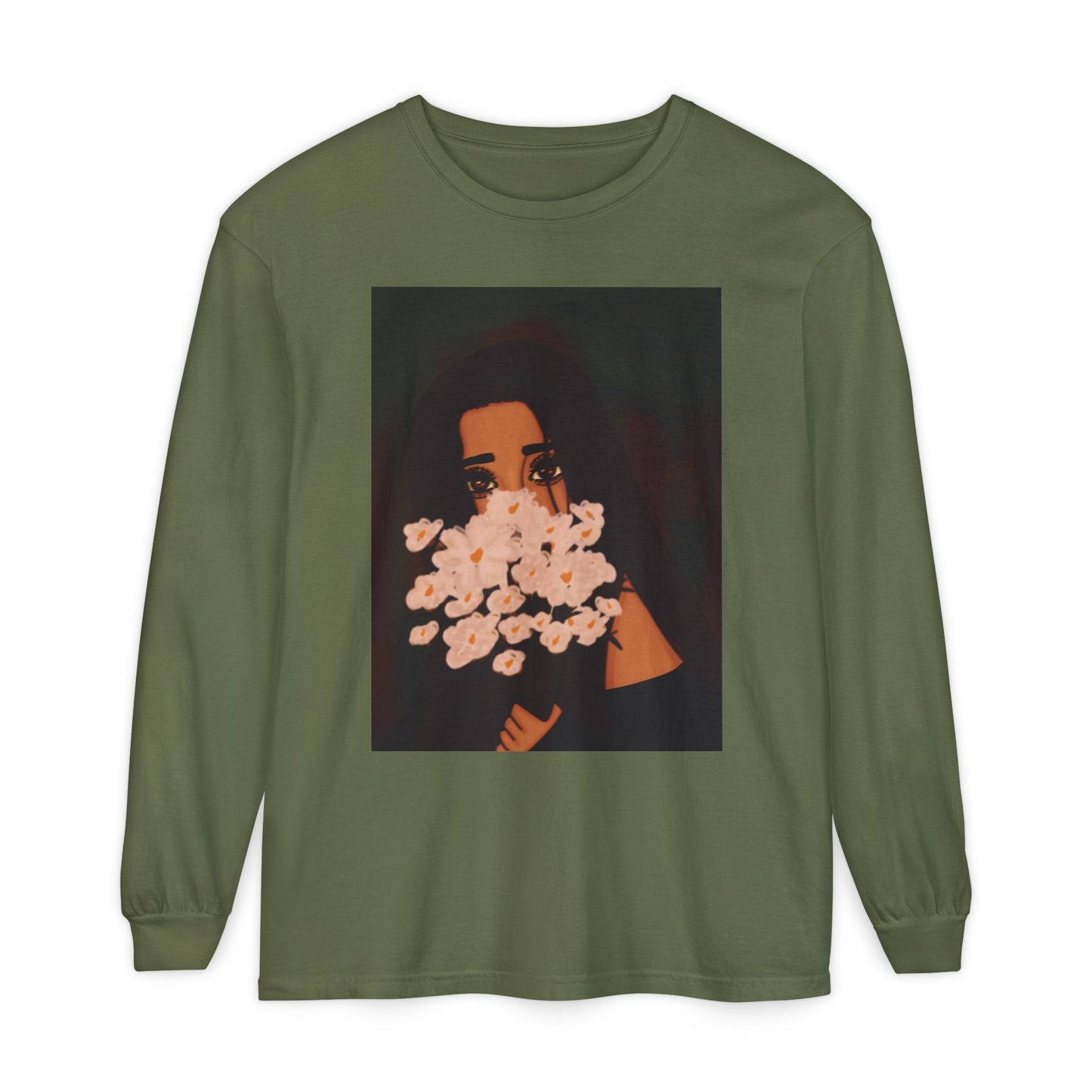 Unisex Garment-dyed Long Sleeve T-Shirt (Flowers)