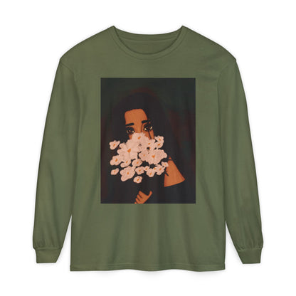 Unisex Garment-dyed Long Sleeve T-Shirt (Flowers)