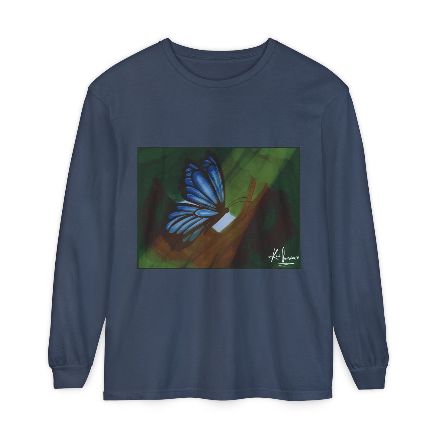 Unisex Garment-dyed Long Sleeve T-Shirt (Blue Butterfly)