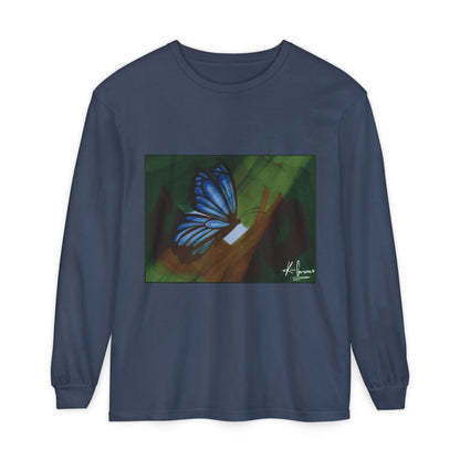 Unisex Garment-dyed Long Sleeve T-Shirt (Blue Butterfly)