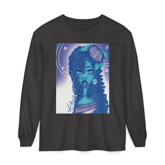 Unisex Garment-dyed Long Sleeve T-Shirt (Blue Rose)