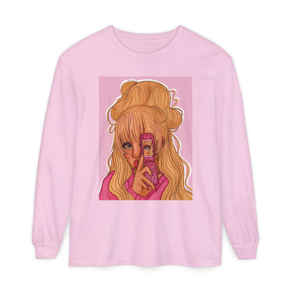 Unisex Garment-dyed Long Sleeve T-Shirt (Pink 90’s Girl)