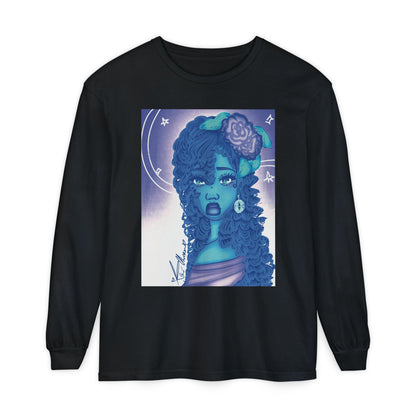 Unisex Garment-dyed Long Sleeve T-Shirt (Blue Rose)