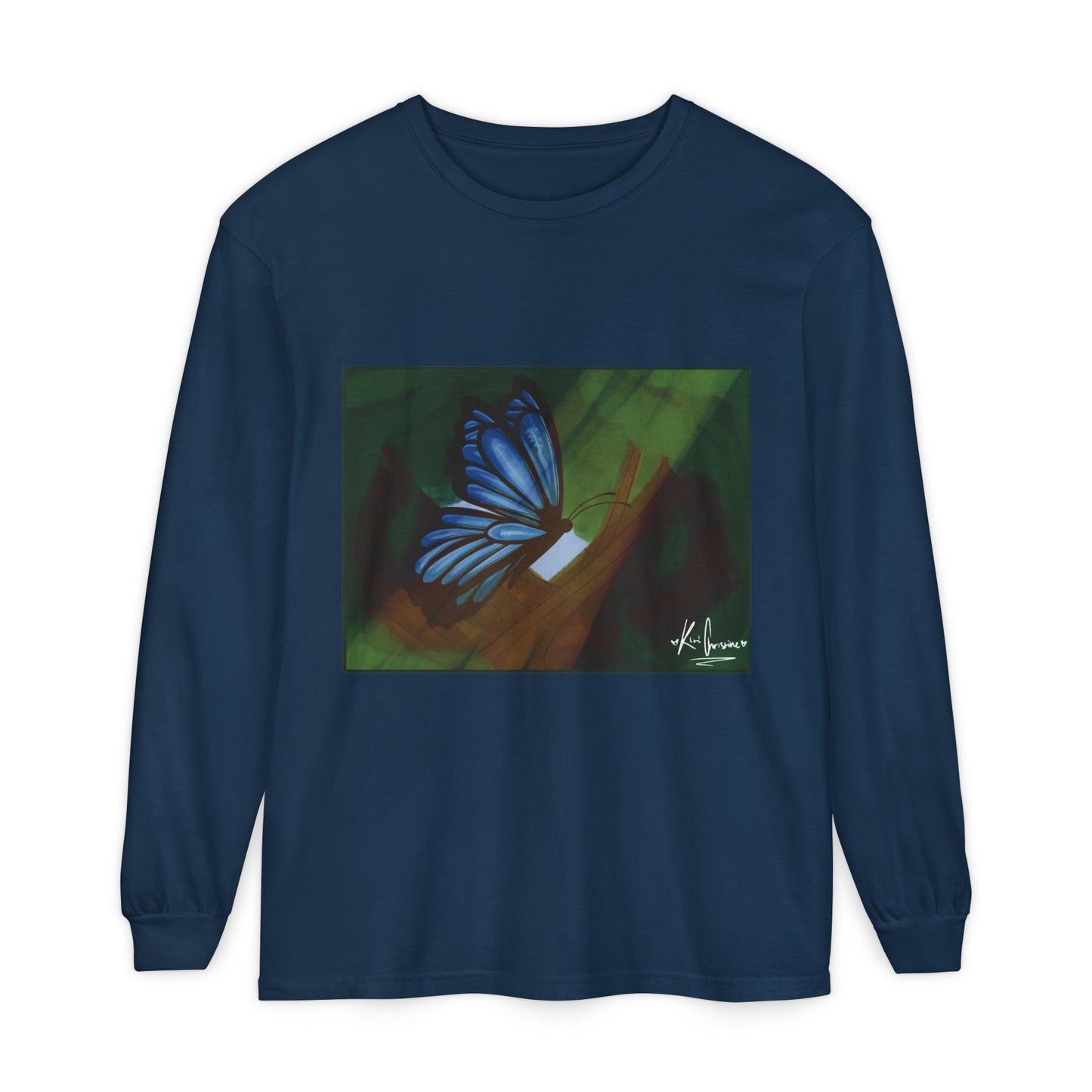 Unisex Garment-dyed Long Sleeve T-Shirt (Blue Butterfly)