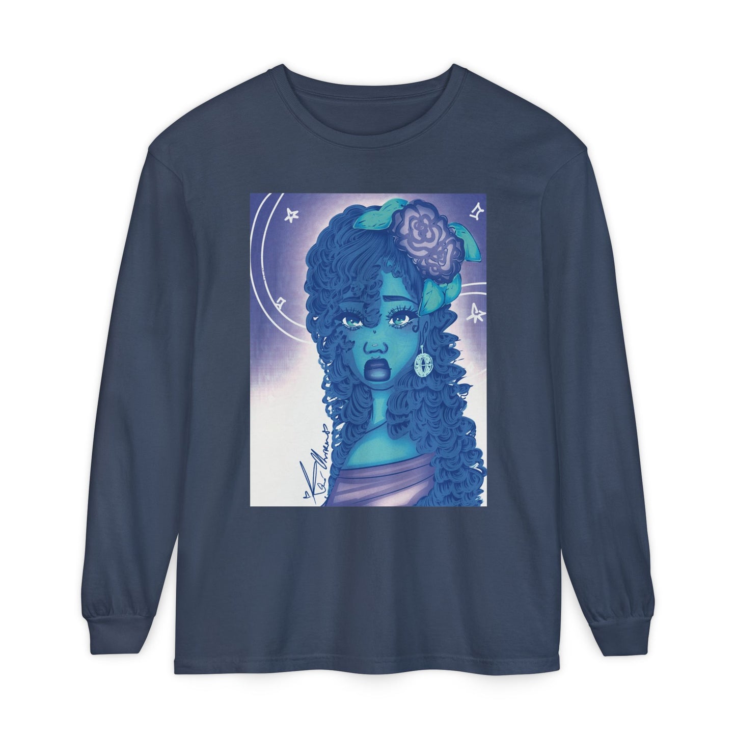 Unisex Garment-dyed Long Sleeve T-Shirt (Blue Rose)