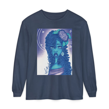 Unisex Garment-dyed Long Sleeve T-Shirt (Blue Rose)