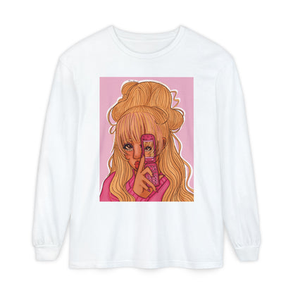 Unisex Garment-dyed Long Sleeve T-Shirt (Pink 90’s Girl)
