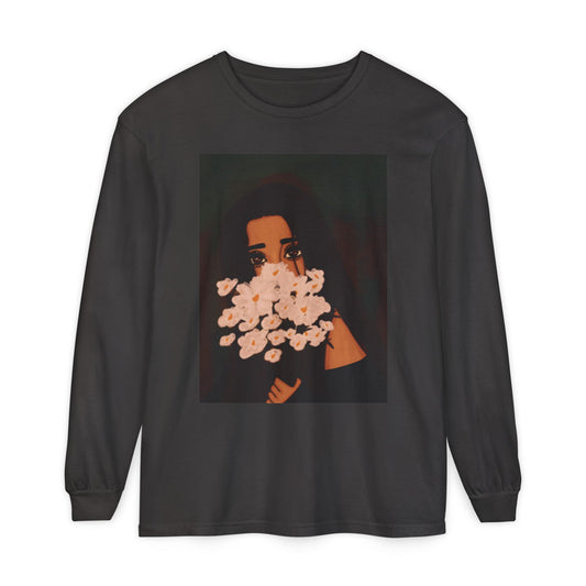 Unisex Garment-dyed Long Sleeve T-Shirt (Flowers)