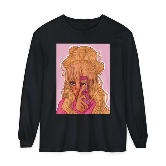 Unisex Garment-dyed Long Sleeve T-Shirt (Pink 90’s Girl)
