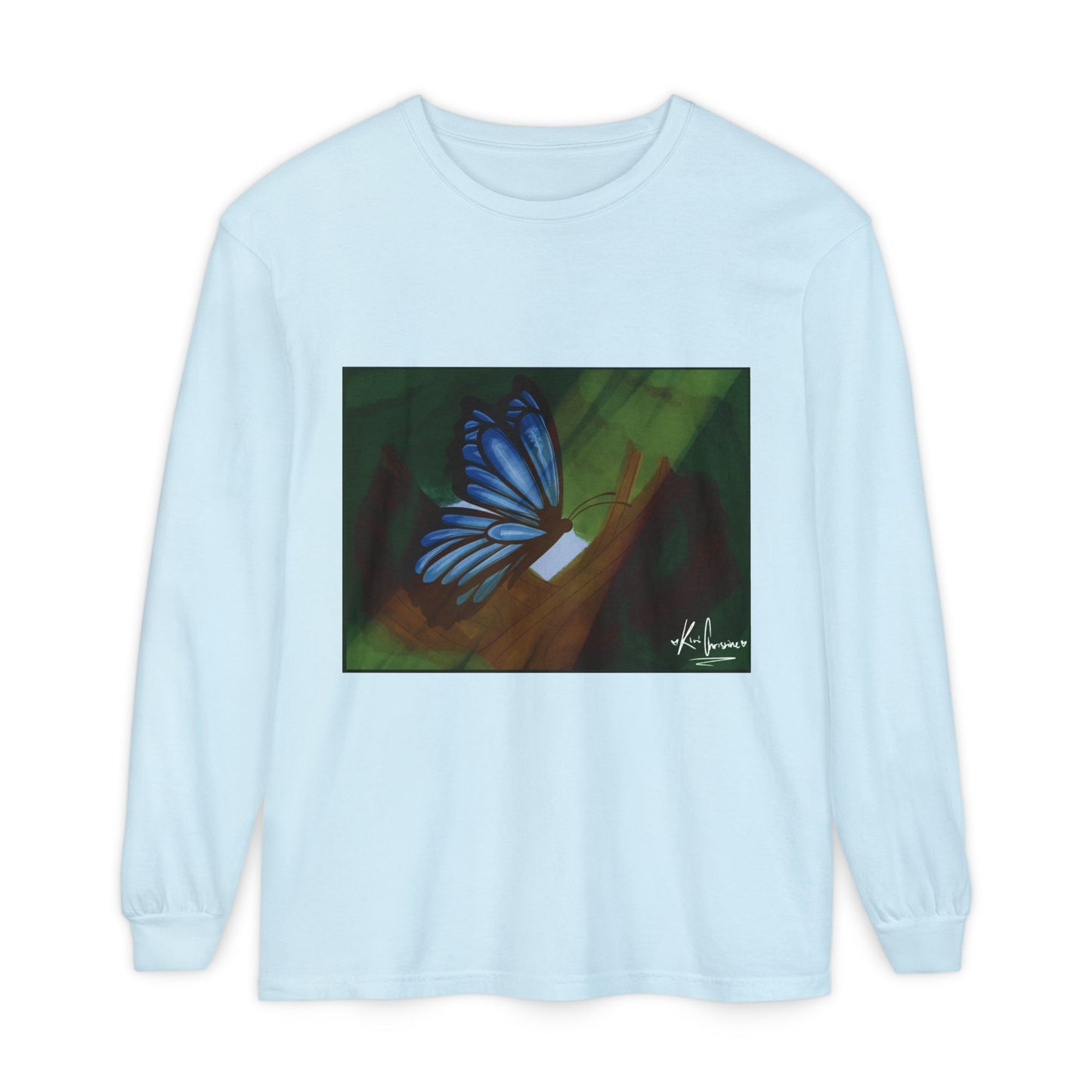 Unisex Garment-dyed Long Sleeve T-Shirt (Blue Butterfly)
