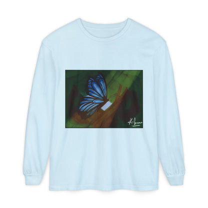 Unisex Garment-dyed Long Sleeve T-Shirt (Blue Butterfly)