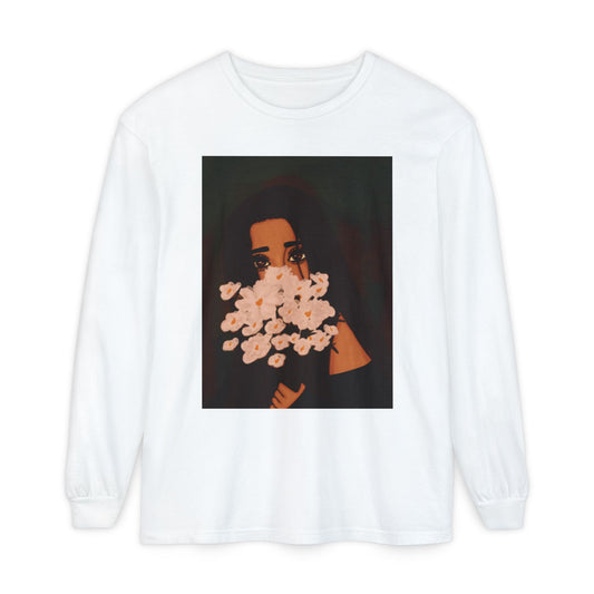 Unisex Garment-dyed Long Sleeve T-Shirt (Flowers)
