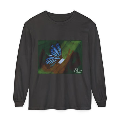 Unisex Garment-dyed Long Sleeve T-Shirt (Blue Butterfly)