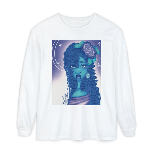 Unisex Garment-dyed Long Sleeve T-Shirt (Blue Rose)