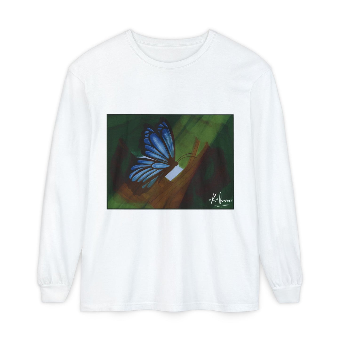 Unisex Garment-dyed Long Sleeve T-Shirt (Blue Butterfly)