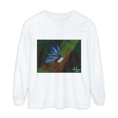 Unisex Garment-dyed Long Sleeve T-Shirt (Blue Butterfly)