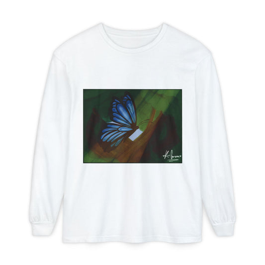 Unisex Garment-dyed Long Sleeve T-Shirt (Blue Butterfly)