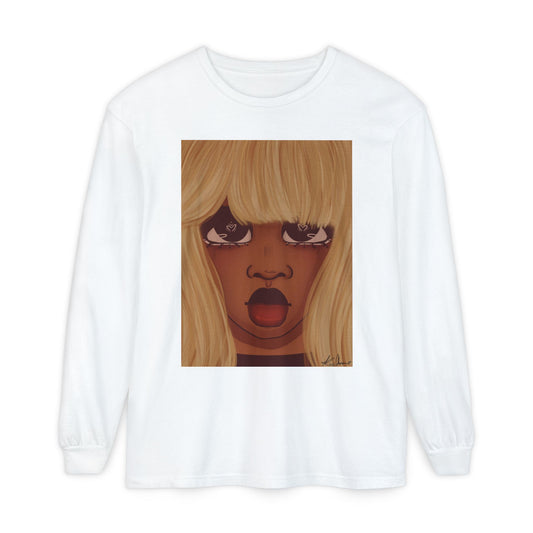 Unisex Garment-dyed Long Sleeve T-Shirt (Heart Eyes)