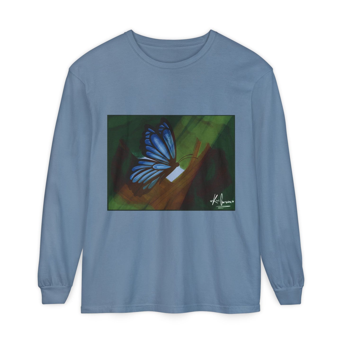 Unisex Garment-dyed Long Sleeve T-Shirt (Blue Butterfly)