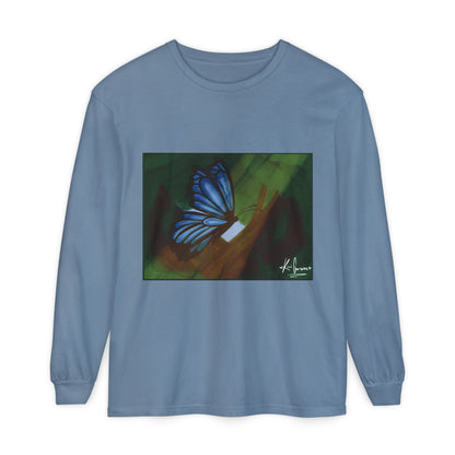 Unisex Garment-dyed Long Sleeve T-Shirt (Blue Butterfly)