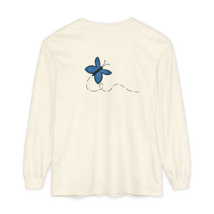 Unisex Garment-dyed Long Sleeve T-Shirt (Blue Butterfly)