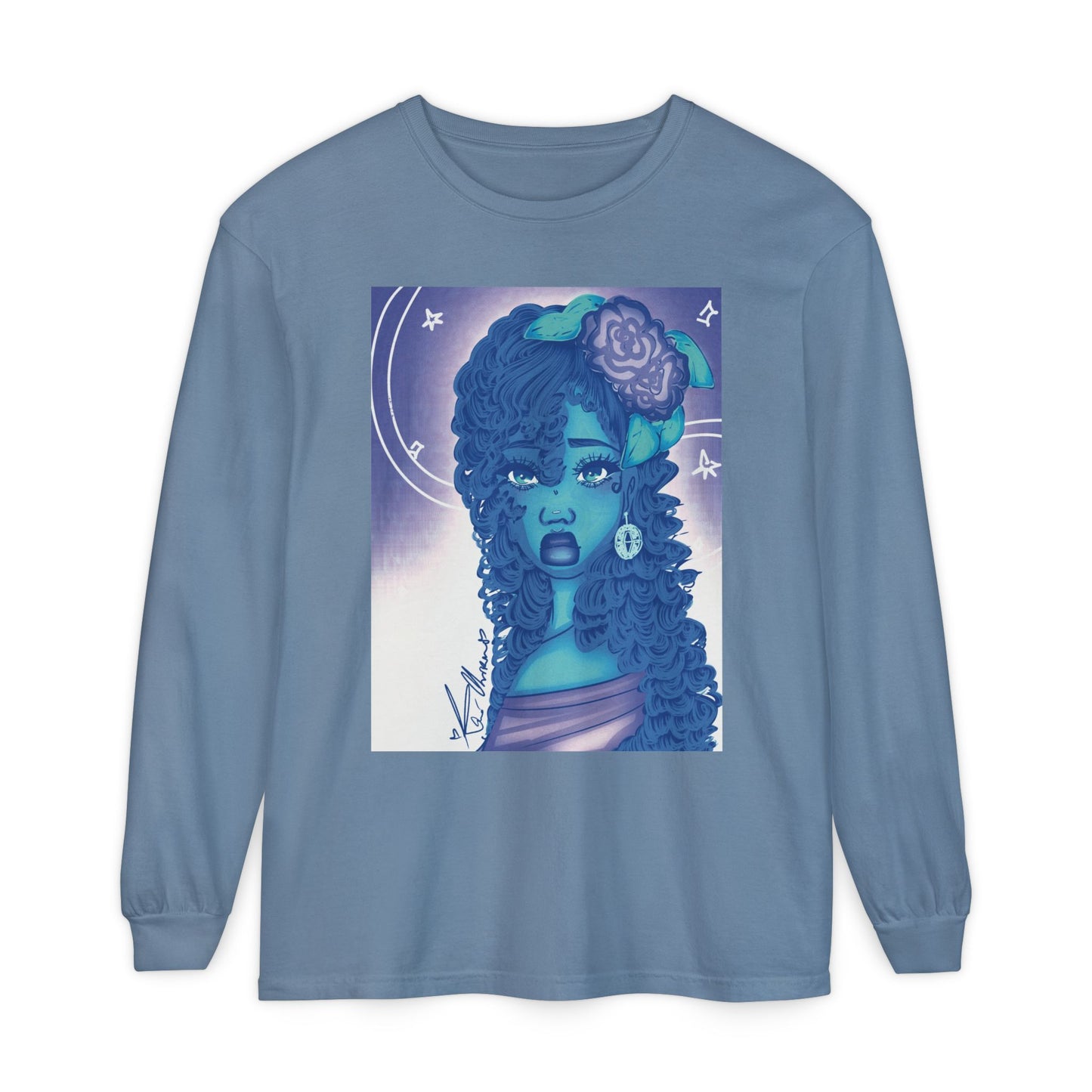 Unisex Garment-dyed Long Sleeve T-Shirt (Blue Rose)
