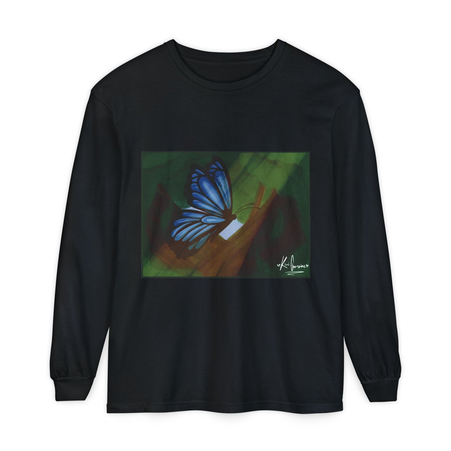Unisex Garment-dyed Long Sleeve T-Shirt (Blue Butterfly)