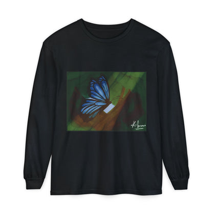 Unisex Garment-dyed Long Sleeve T-Shirt (Blue Butterfly)
