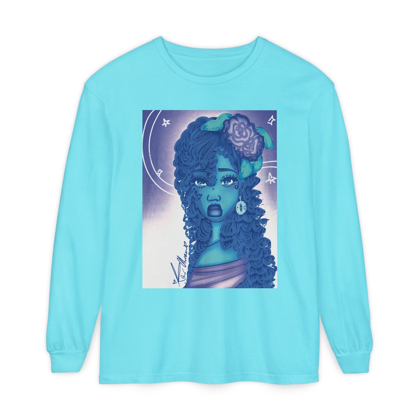 Unisex Garment-dyed Long Sleeve T-Shirt (Blue Rose)