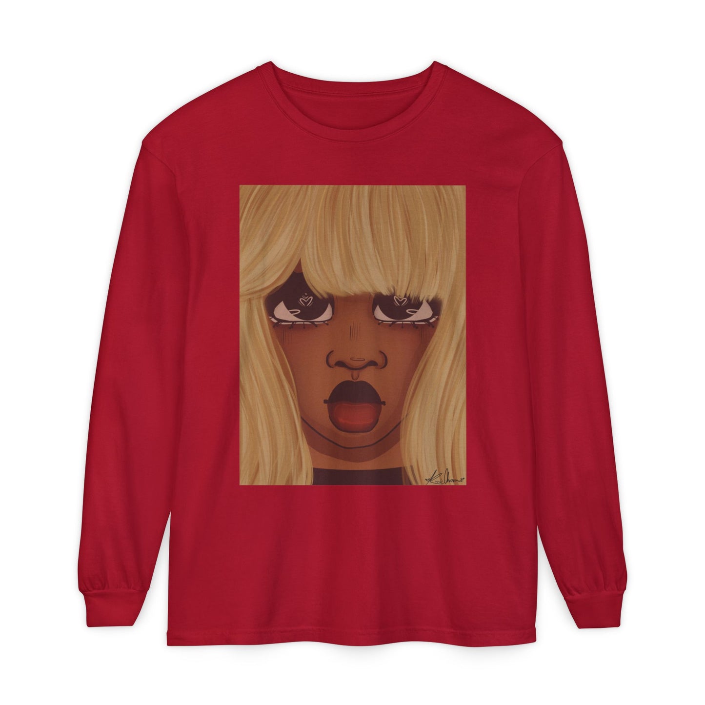 Unisex Garment-dyed Long Sleeve T-Shirt (Heart Eyes)