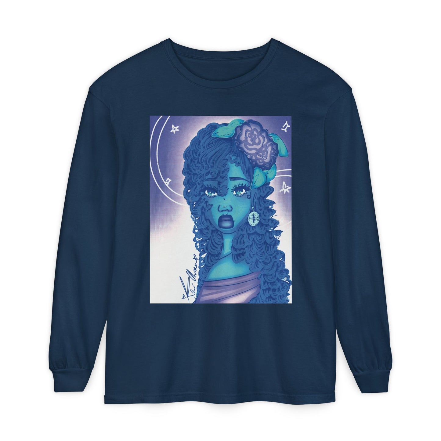 Unisex Garment-dyed Long Sleeve T-Shirt (Blue Rose)